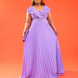Detailed view of lavender purple ruffled pleated maxi dress with matching belt