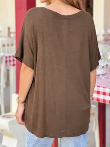 Back view of loose fit brown short-sleeve T-shirt with high-quality linen-like texture