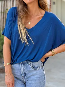 Detail of royal blue V-neck loose fit T-shirt for women in casual summer style