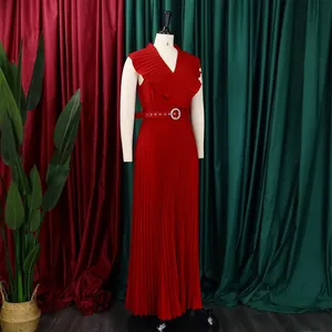 Elegant red sleeveless pleated maxi dress featuring a ruffle V-neck and circular belt