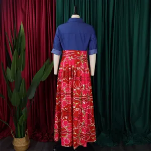 Detailed back view of a stylish denim patchwork print maxi dress on a professional mannequin.