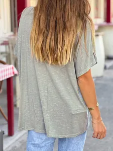 Back view of women's plus size loose grey short sleeve t-shirt with soft fabric texture