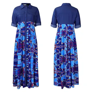 Front and back view of a stylish denim patchwork printed maxi dress with belt motifs.