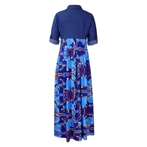 Back view of a plus size denim patchwork printed maxi dress with stylish casual design