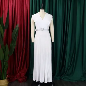 Elegant white pleated maxi dress featuring a ruffle collar and a matching waist belt
