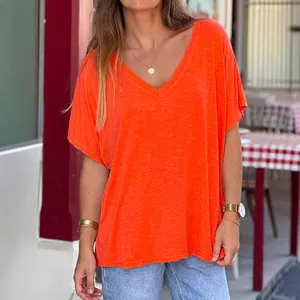 Comfortable summer loose V-neck short sleeve t-shirt for women in vibrant orange
