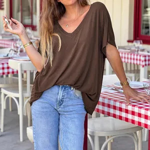 Women's plus size V-neck loose casual solid brown short sleeve T-shirt for summer wear