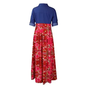 Back view of a fashion denim patchwork dress with red chain print maxi skirt.