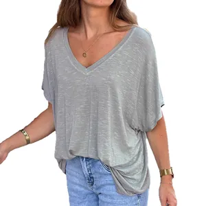 Women's casual loose-fit V-neck short sleeve t-shirt in heather grey, comfortable daily wear