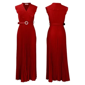 Elegant red pleated maxi dress featuring a ruffled V-neck and a matching rhinestone belt