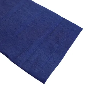 Detailed macro view of the deep blue denim fabric texture and stitching on a maxi dress sleeve