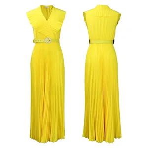 Front and back view of a bright yellow pleated maxi dress with ruffled V-neck and belt
