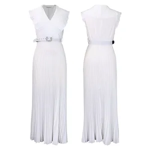 Detailed view of white sleeveless pleated ruffle maxi dress with matching belt buckle