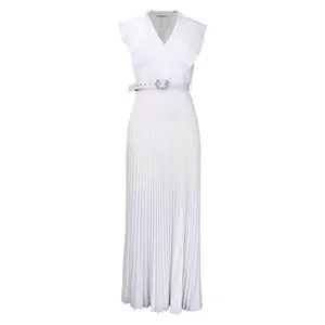Detail showing ruffled V-neckline and pleated texture of white fashion maxi dress