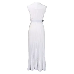 Back view of elegant white sleeveless maxi dress with pleated skirt and ruffled collar