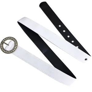 Elegant white waist belt with circular rhinestone buckle detail for women fashion dresses