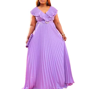 Elegant plus size purple pleated maxi dress with ruffle neckline and matching belt