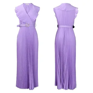 Lavender sleeveless pleated maxi dress with ruffle neckline and belt, front and back view