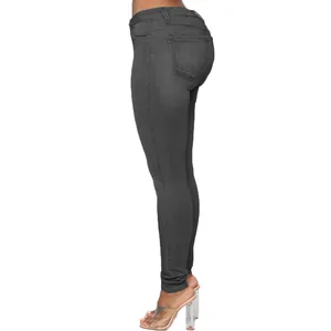Detailed side profile of dark grey high-stretch skinny pencil jeans for women