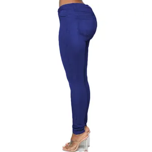 Detailed side view of blue skinny denim pencil pants for women showing stretch slim fit