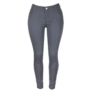 Gedetailleerd vooraanzicht van een donkergrijze skinny jeans met hoge taille