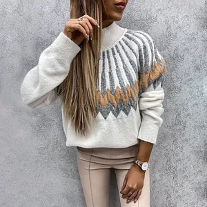 Casual oversized knit sweater with high collar and geometric mountain pattern