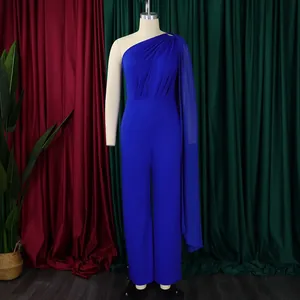 Front view of elegant royal blue one-shoulder jumpsuit featuring a pleated drape detail