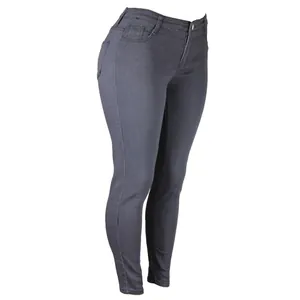 Gedetailleerd zijaanzicht van een donkergrijze skinny jeans met hoge taille voor grote maten