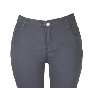 Detailed close-up view of black high-waisted skinny denim pencil pants for women's fashion