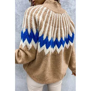 Back detail of a loose casual high-neck knit sweater featuring a blue zigzag pattern