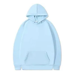 Front view of a light blue loose-fit hooded sweatshirt with a kangaroo pocket