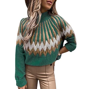 Detail view of a women's green high-neck knit sweater featuring stylish brown and white zigzag patterns