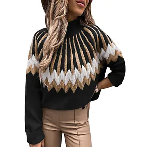 Detailed view of women's turtle neck knit sweater featuring a geometric striped pattern design