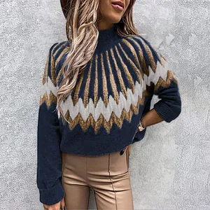 Stylish women's high-neck knit sweater featuring a unique geometric pattern detail