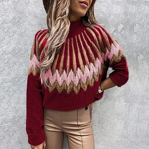 Detailed view of women's burgundy printed turtleneck knit sweater for autumn winter