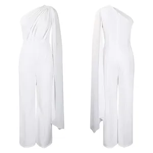 Elegant one-shoulder white jumpsuit with draped sleeve detail for women's party wear