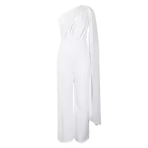 Elegant white one-shoulder jumpsuit featuring a sophisticated draped cape sleeve detail