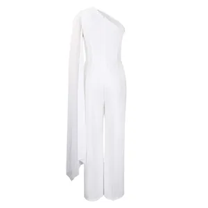 Back view of an elegant white one-shoulder formal jumpsuit with a long sheer cape