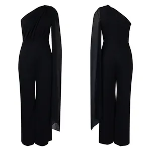 Elegant black one-shoulder jumpsuit with flowing cape sleeve and wide leg trousers