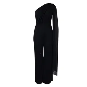 Elegant one-shoulder black jumpsuit with flowing cape sleeve detail