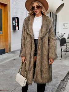 Detail shot of long faux fox fur coat featuring a thick notched collar and warm brown texture