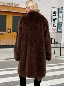 Detailed back view of a long brown faux fox fur coat, elegant winter outerwear for women