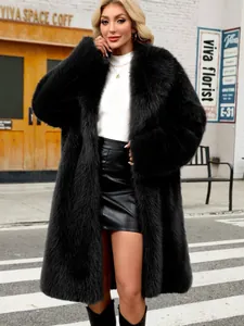 Close-up detail of luxurious black faux fox fur long coat for women winter fashion