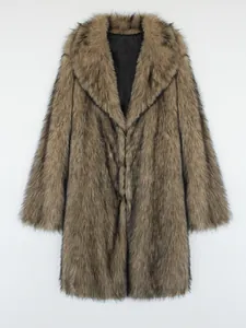 Detailed view of women's long faux fox fur coat in taupe for autumn and winter