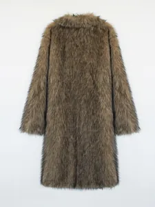Detailed back view of a high-quality long faux fox fur coat in elegant brownish grey tones