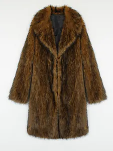 Detailed view showcasing the soft and dense faux fox fur texture on this brown long coat.