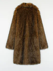 Detailed back view of a luxury brown faux fox fur long coat for women's winter outerwear