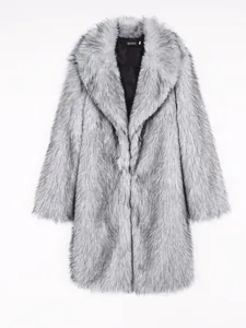 Luxurious grey faux fox fur long coat for women featuring an elegant wide collar design