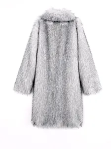 Elegant women's grey long faux fox fur coat, premium winter outerwear back view