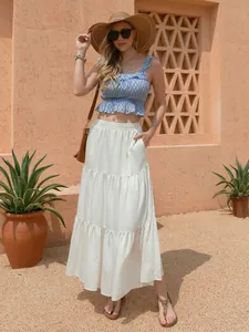 Elegante maxi-rok van katoen en linnen met hoge taille en zakken voor de zomerstijl